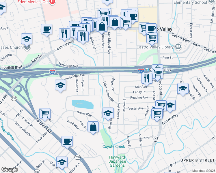 map of restaurants, bars, coffee shops, grocery stores, and more near 21428 Lake Chabot Road in Castro Valley