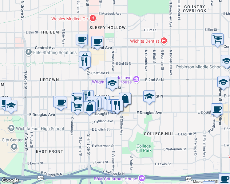 map of restaurants, bars, coffee shops, grocery stores, and more near 211 North Clifton Avenue in Wichita
