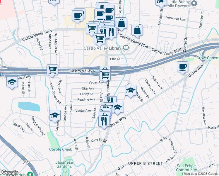 map of restaurants, bars, coffee shops, grocery stores, and more near 21828 Redwood Road in Hayward