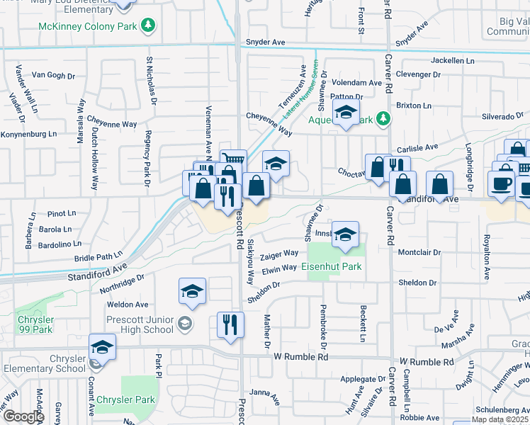 map of restaurants, bars, coffee shops, grocery stores, and more near in Modesto