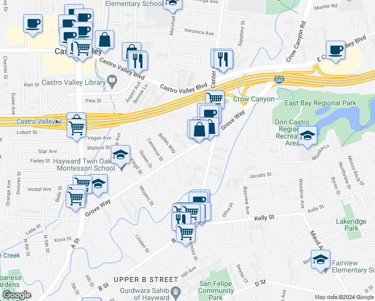 map of restaurants, bars, coffee shops, grocery stores, and more near 2846 Grove Way in Castro Valley