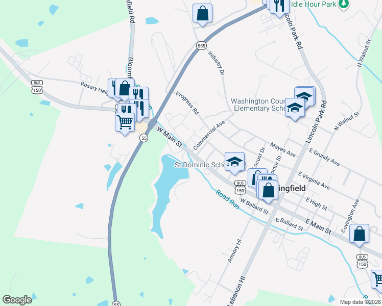 map of restaurants, bars, coffee shops, grocery stores, and more near Kentucky 152 in Springfield