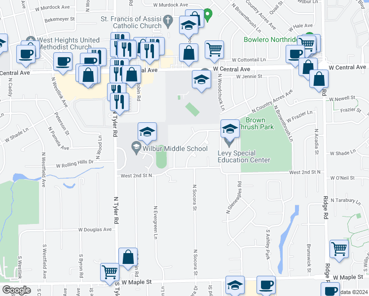 map of restaurants, bars, coffee shops, grocery stores, and more near 332 North Country Acres Avenue in Wichita
