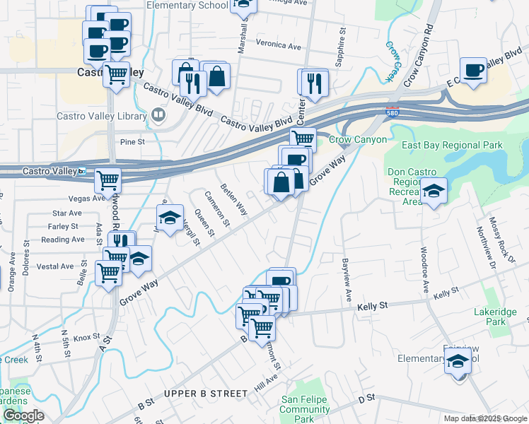 map of restaurants, bars, coffee shops, grocery stores, and more near 2844 Grove Way in Castro Valley