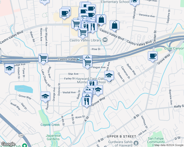 map of restaurants, bars, coffee shops, grocery stores, and more near 21828 Redwood Road in Hayward