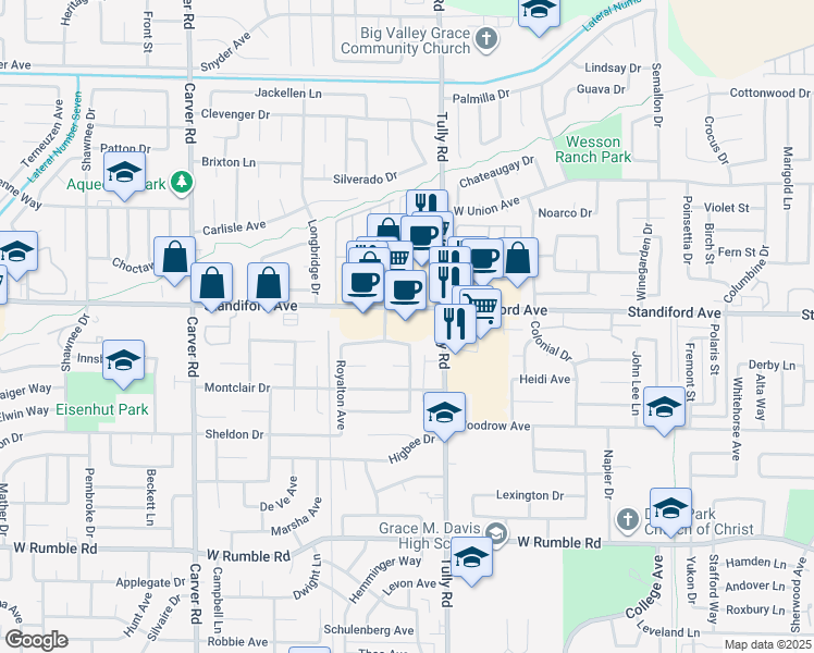 map of restaurants, bars, coffee shops, grocery stores, and more near 1320 Standiford Avenue in Modesto