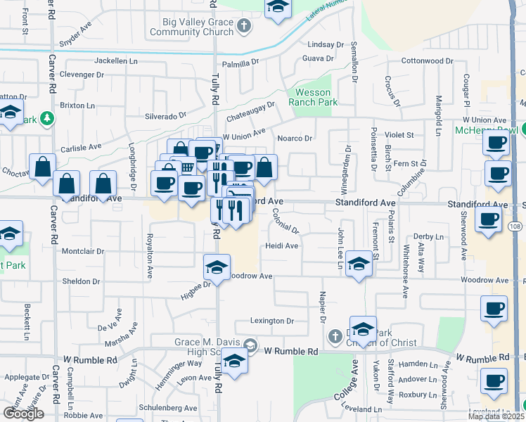 map of restaurants, bars, coffee shops, grocery stores, and more near 101 Colonial Drive in Modesto