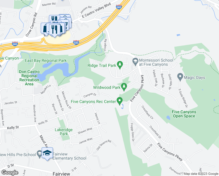 map of restaurants, bars, coffee shops, grocery stores, and more near 22550 Canyon Terrace Drive in Castro Valley