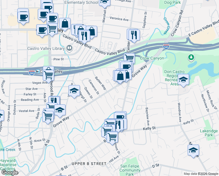 map of restaurants, bars, coffee shops, grocery stores, and more near 2816 Grove Way in Hayward