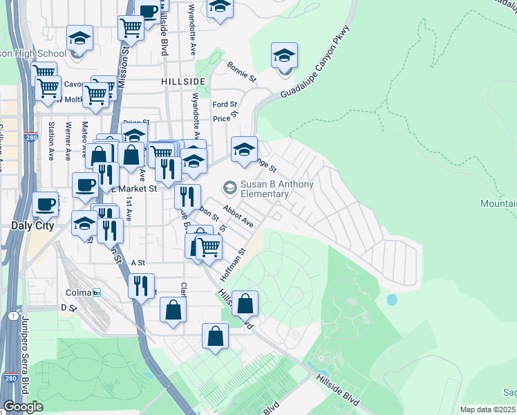 map of restaurants, bars, coffee shops, grocery stores, and more near 892 Lausanne Avenue in Daly City