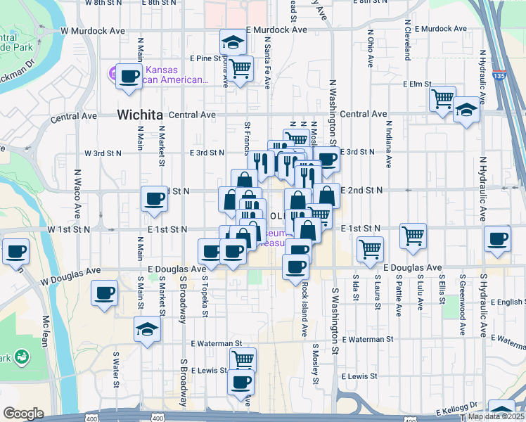 map of restaurants, bars, coffee shops, grocery stores, and more near 201-299 North Santa Fe Avenue in Wichita