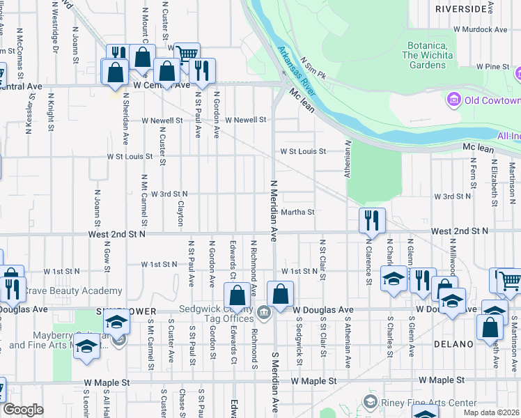 map of restaurants, bars, coffee shops, grocery stores, and more near 350 Richmond North in Wichita