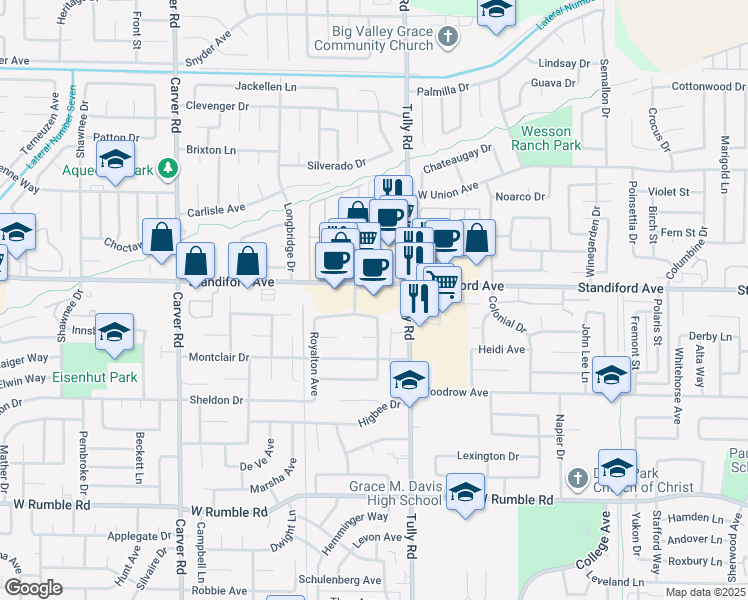 map of restaurants, bars, coffee shops, grocery stores, and more near 1320 Standiford Avenue in Modesto