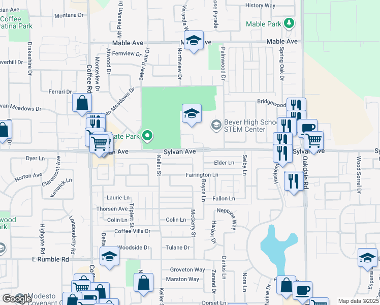 map of restaurants, bars, coffee shops, grocery stores, and more near 1710 Sylvan Avenue in Modesto
