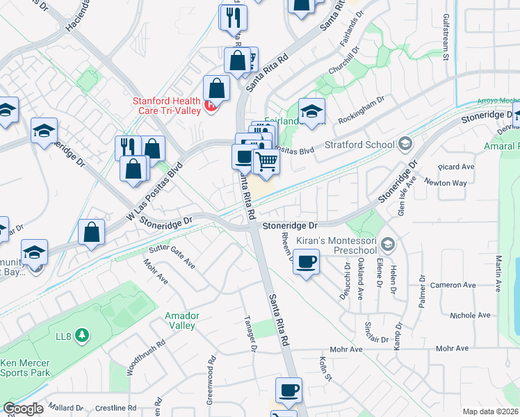 map of restaurants, bars, coffee shops, grocery stores, and more near 4385 Diavila Avenue in Pleasanton
