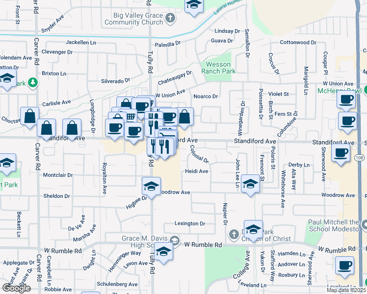 map of restaurants, bars, coffee shops, grocery stores, and more near 3445 Colonial Drive in Modesto