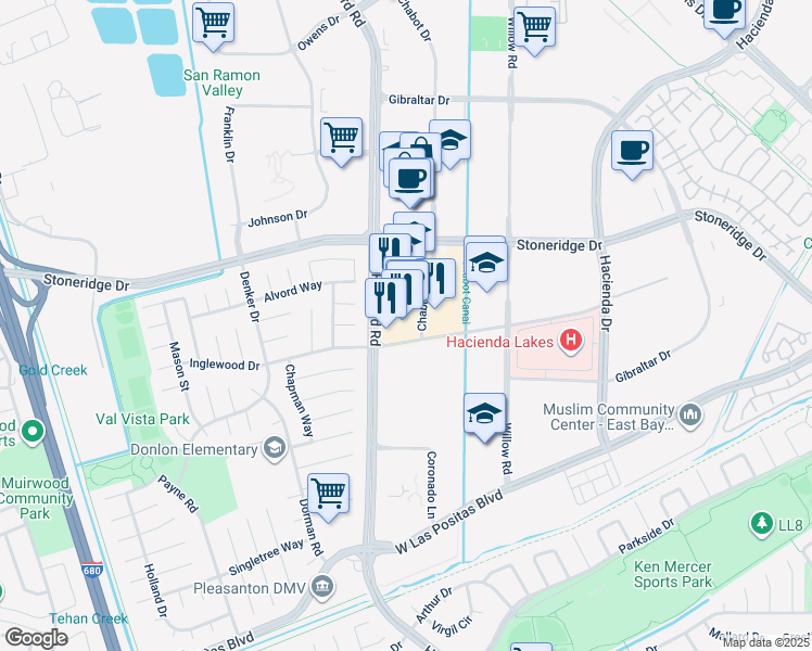 map of restaurants, bars, coffee shops, grocery stores, and more near 4555 Hopyard Road in Pleasanton