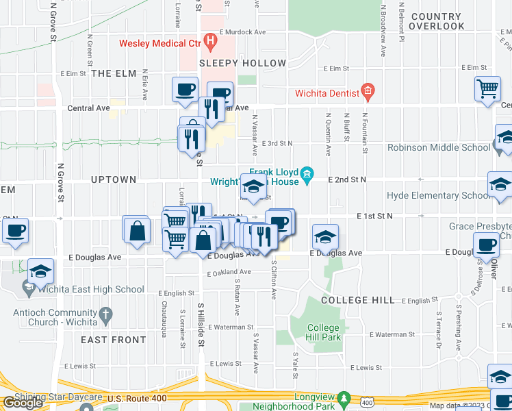 map of restaurants, bars, coffee shops, grocery stores, and more near 211 North Clifton Avenue in Wichita
