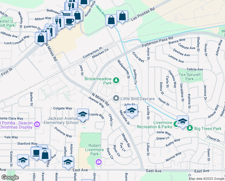 map of restaurants, bars, coffee shops, grocery stores, and more near 32-2 North Livermore Avenue in Livermore