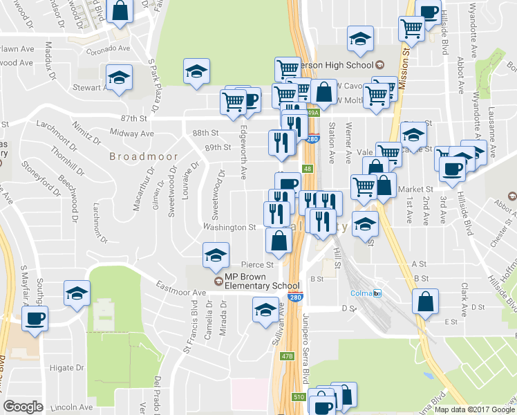 map of restaurants, bars, coffee shops, grocery stores, and more near 1550 Bryant Street in Daly City