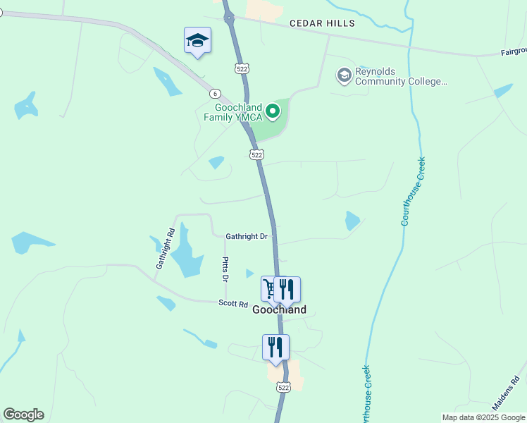 map of restaurants, bars, coffee shops, grocery stores, and more near 3033 River Road West in Goochland