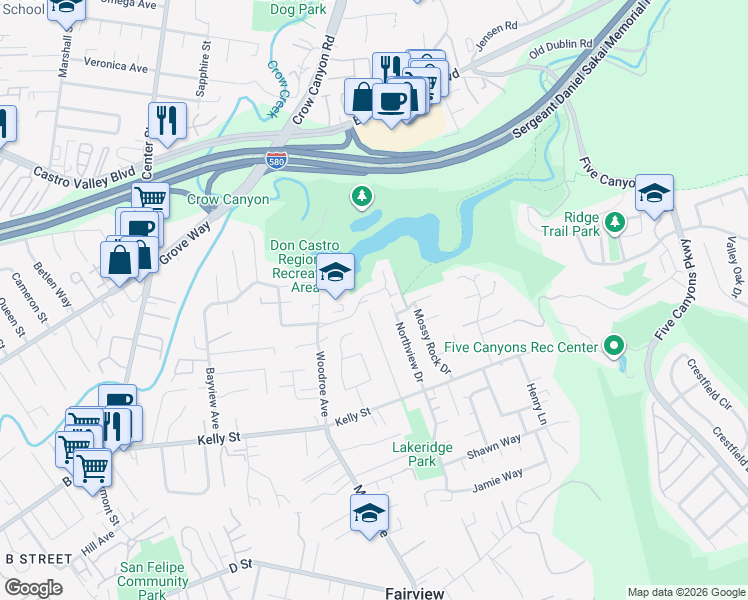 map of restaurants, bars, coffee shops, grocery stores, and more near 3241 Monika Lane in Hayward