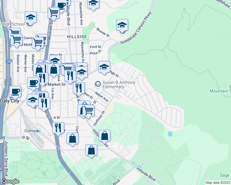 map of restaurants, bars, coffee shops, grocery stores, and more near 896 Lausanne Avenue in Daly City