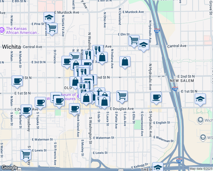 map of restaurants, bars, coffee shops, grocery stores, and more near 233 North Ohio Avenue in Wichita