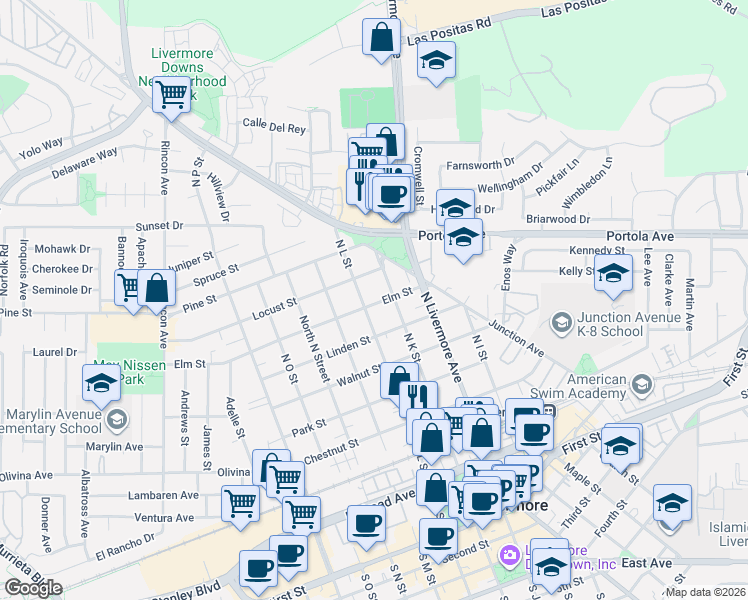 map of restaurants, bars, coffee shops, grocery stores, and more near 2 South L Street in Livermore