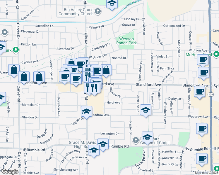 map of restaurants, bars, coffee shops, grocery stores, and more near 101 Colonial Drive in Modesto