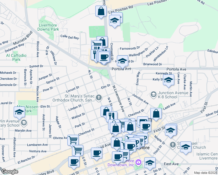 map of restaurants, bars, coffee shops, grocery stores, and more near 2151 Elm Street in Livermore