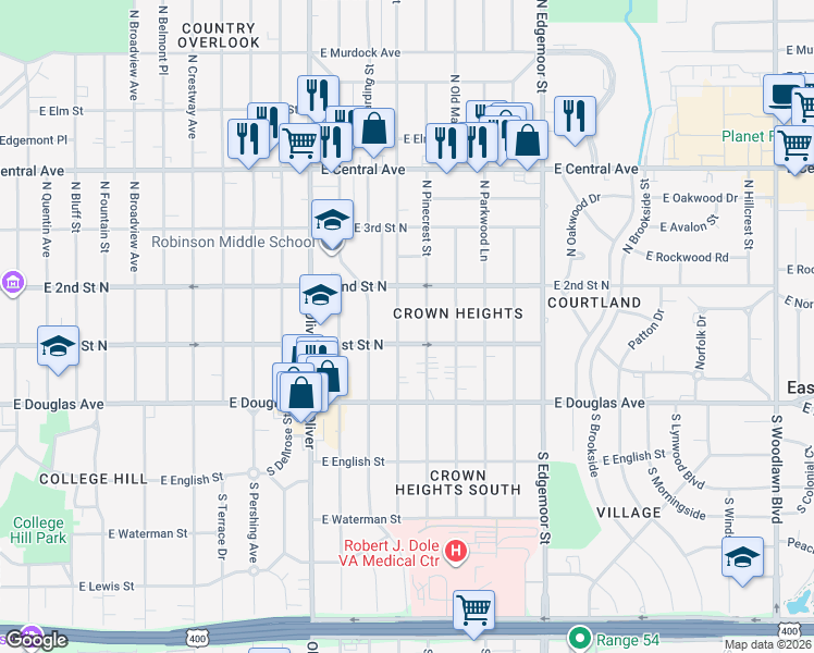 map of restaurants, bars, coffee shops, grocery stores, and more near 216 North Battin Street in Wichita