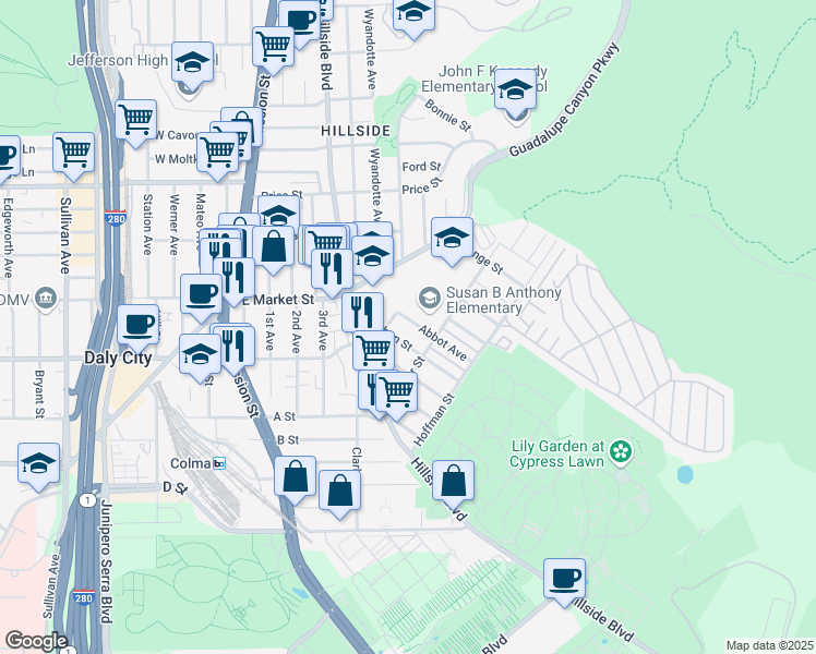 map of restaurants, bars, coffee shops, grocery stores, and more near 570 Abbot Avenue in Daly City