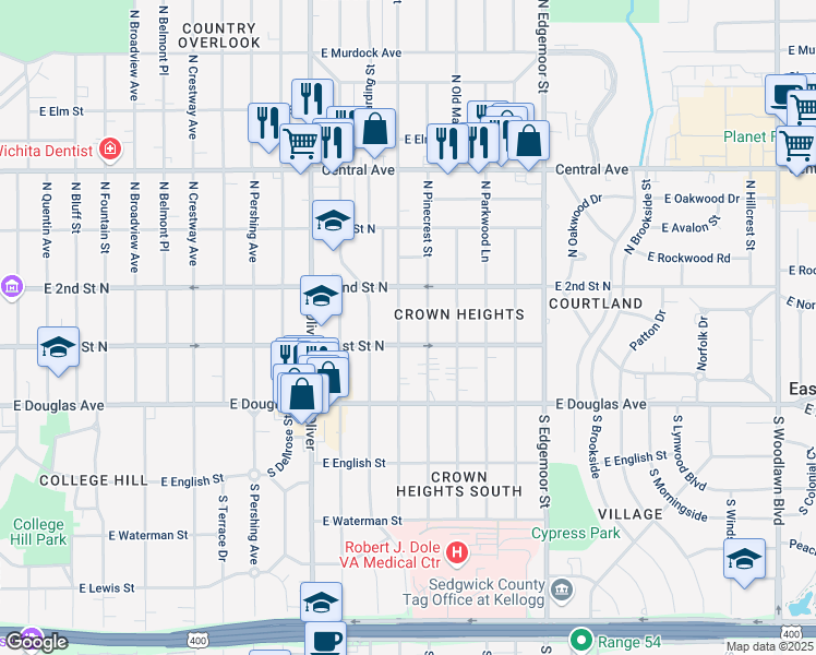 map of restaurants, bars, coffee shops, grocery stores, and more near 221 North Pinecrest Street in Wichita