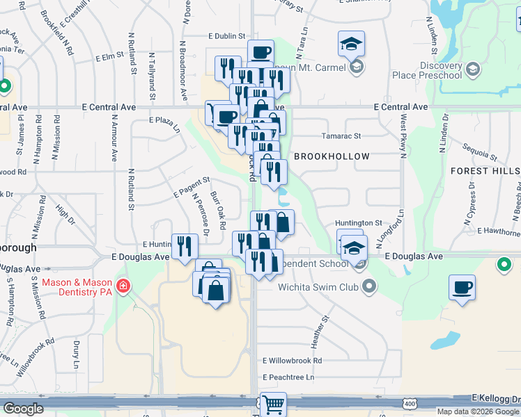 map of restaurants, bars, coffee shops, grocery stores, and more near 202 North Rock Road in Wichita