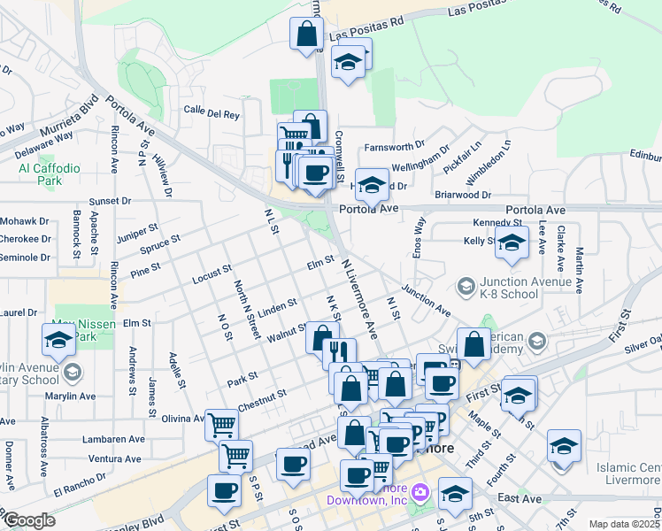 map of restaurants, bars, coffee shops, grocery stores, and more near 2151 Elm Street in Livermore