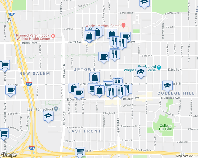 map of restaurants, bars, coffee shops, grocery stores, and more near 220 North Erie Street in Wichita