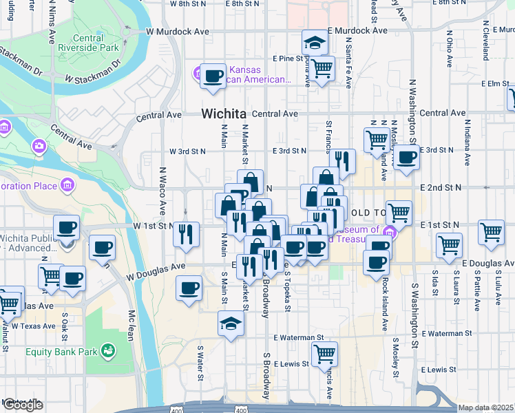 map of restaurants, bars, coffee shops, grocery stores, and more near in Wichita