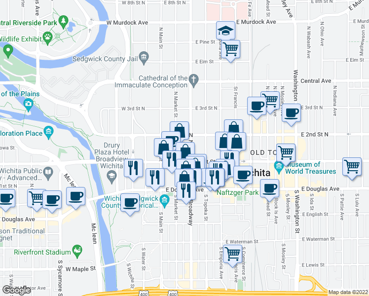 map of restaurants, bars, coffee shops, grocery stores, and more near 228 North Market Street in Wichita