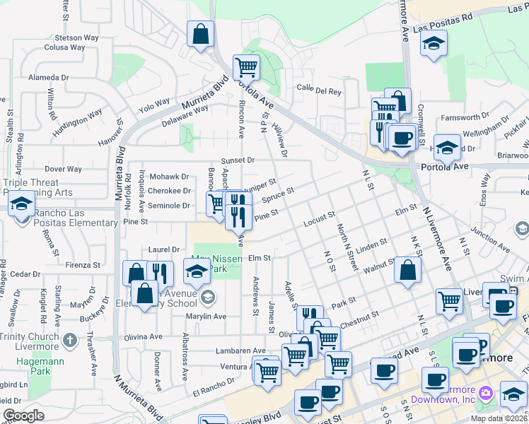 map of restaurants, bars, coffee shops, grocery stores, and more near 1322 Pine Street in Livermore