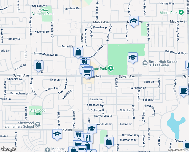 map of restaurants, bars, coffee shops, grocery stores, and more near 1406 Sylvan Avenue in Modesto
