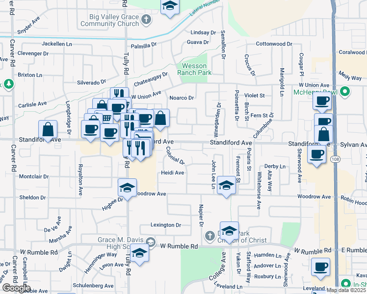 map of restaurants, bars, coffee shops, grocery stores, and more near 3409 Agua Court in Modesto