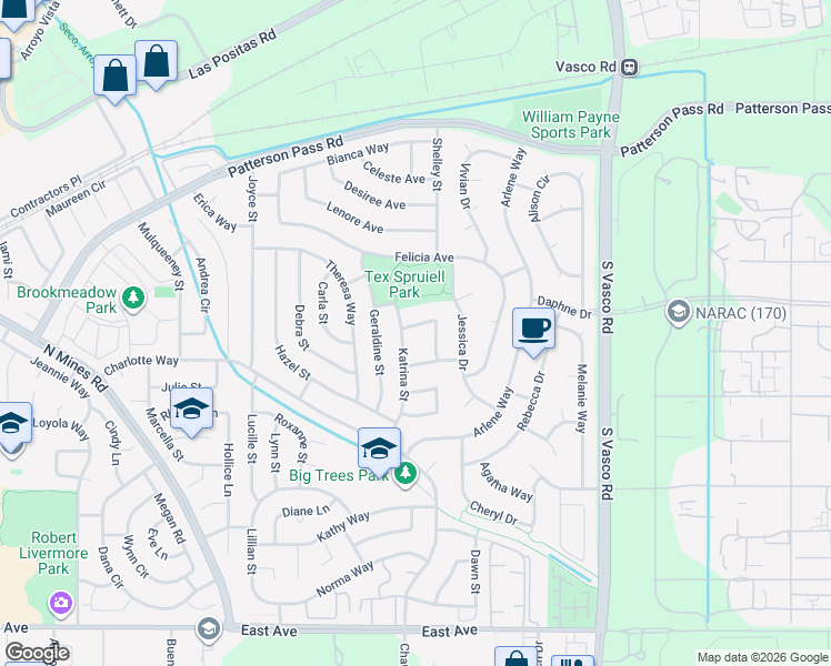 map of restaurants, bars, coffee shops, grocery stores, and more near 731 Katrina Street in Livermore