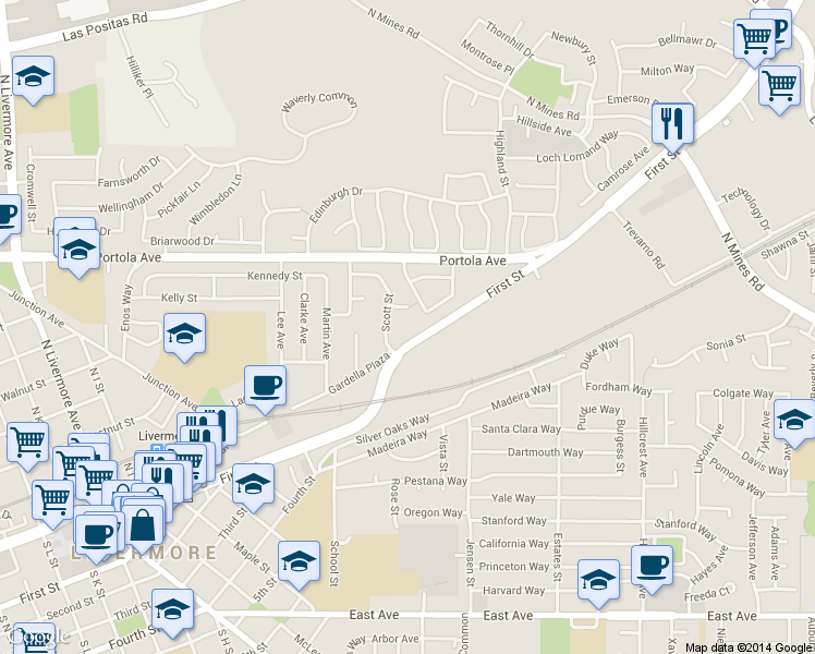 map of restaurants, bars, coffee shops, grocery stores, and more near 246 Scott Street in Livermore