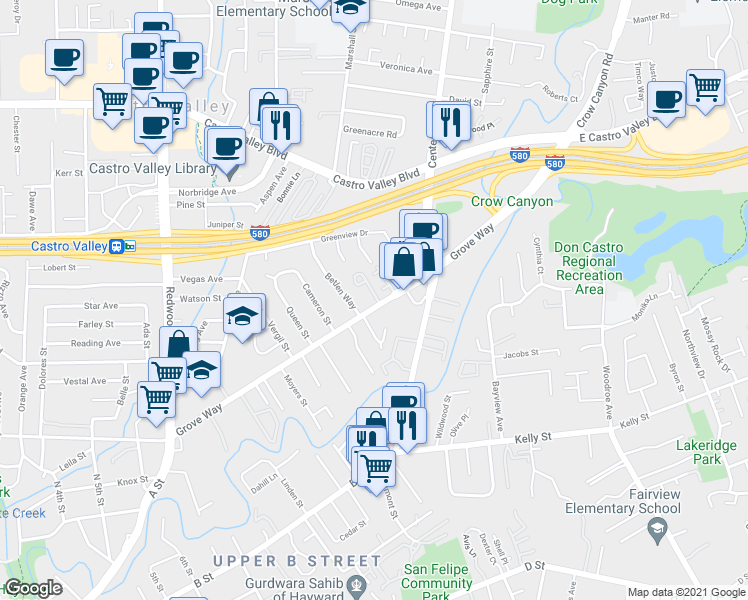 map of restaurants, bars, coffee shops, grocery stores, and more near 2816 Grove Way in Hayward