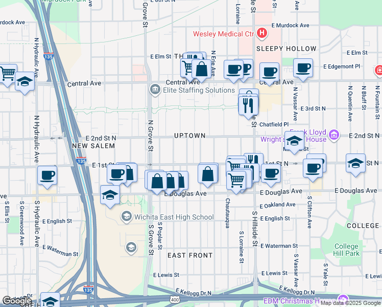 map of restaurants, bars, coffee shops, grocery stores, and more near 225 North Estelle Avenue in Wichita