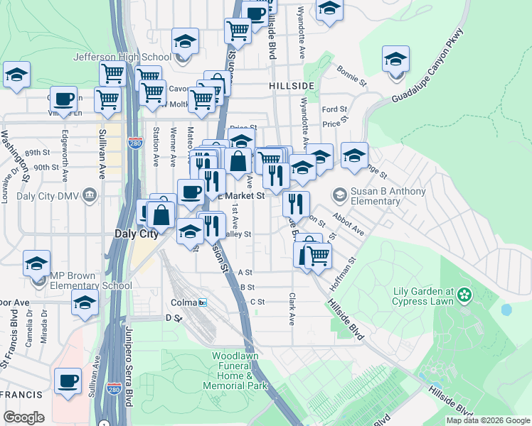map of restaurants, bars, coffee shops, grocery stores, and more near 241 2nd Avenue in Daly City