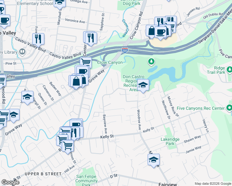 map of restaurants, bars, coffee shops, grocery stores, and more near 2895 Ralston Way in Hayward