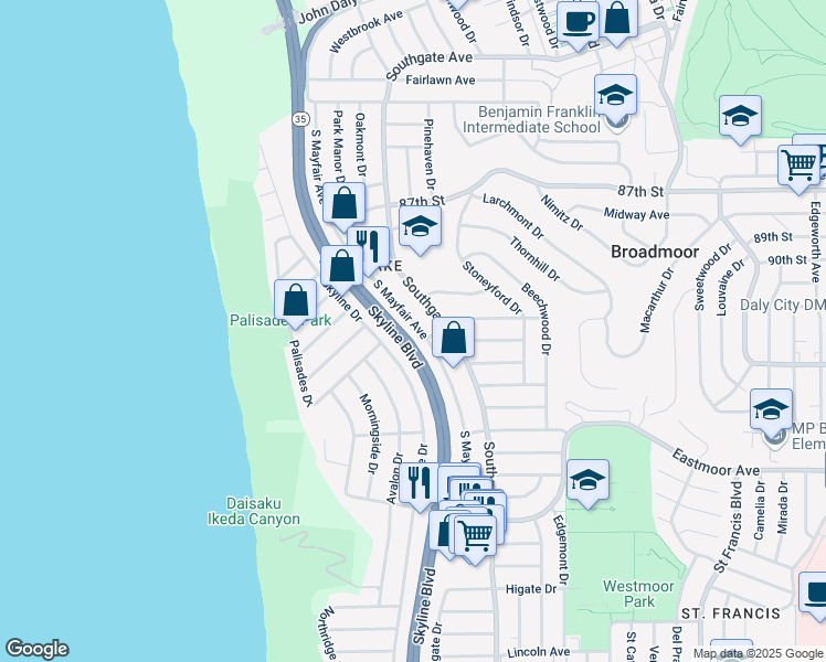 map of restaurants, bars, coffee shops, grocery stores, and more near 1286 S Mayfair Ave in Daly City