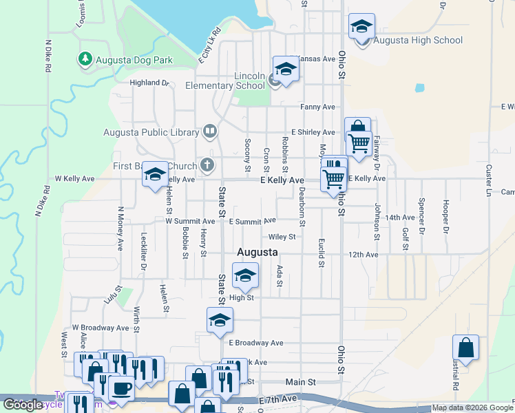 map of restaurants, bars, coffee shops, grocery stores, and more near 1321 Osage Street in Augusta